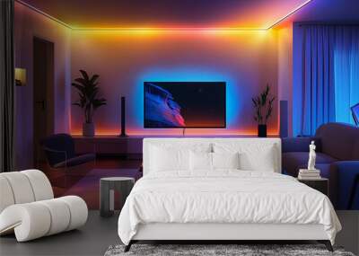 modern living room illuminated wtih vibrant led effect light for watching movies or playing games (5) Wall mural