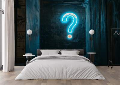 Neon sign in form of a question mark on a wall background representing questions session backdrop Wall mural