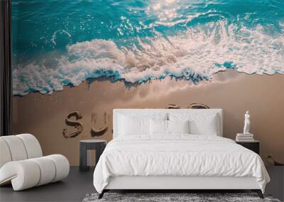 top view of the sea and beach with letter SUMMER writen on sand, tropical seaside relaxation (3) Wall mural