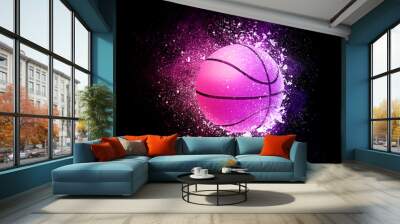 Basketball Ball flying in violet particles isolated on black background. Sport competition concept for basketball tournament poster, placard, card or banner. Wall mural