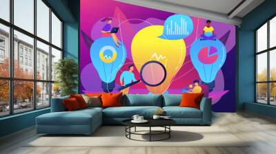 Big lightbulbs and business team working on solution. Business solution, problem solving and decision making concept on ultraviolet background. Bright vibrant violet vector isolated illustration Wall mural