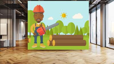 Black Lumberjack cuts a tree by chainsaw. Wall mural