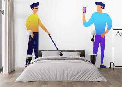 Blind man with walking cane and user with mobile phone vector illustration Wall mural