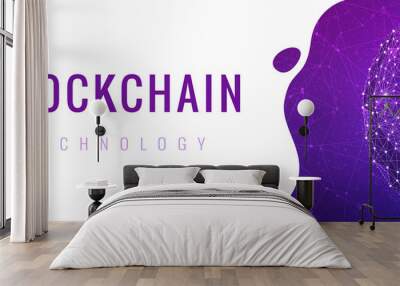 Blockchain technology futuristic hud ultraviolet background with world globe and blockchain polygon peer to peer network. Global cryptocurrency block chain violet business banner concept - copy space. Wall mural