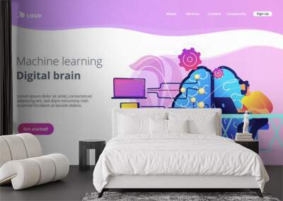 Brain with digital circuit and programmer with laptop. Machine learning, artificial intelligence, digital brain and artificial thinking process concept, violet palette. Vector landing page. Wall mural