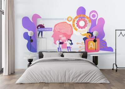 Brain with neural network on laptop and scientists, tiny people. Artificial intelligence,machine learning, data science and cognitive computing concept. Vector isolated concept creative illustration. Wall mural