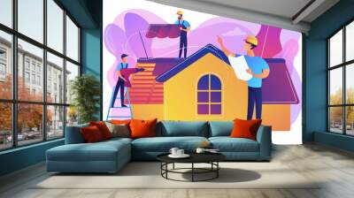 Building repair. Housetop renovation and roof reconstruction. Roofing services, roof repair support, peak roofing contractors concept. Bright vibrant violet vector isolated illustration Wall mural