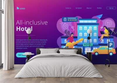 Business people at hotel use all included services, lodgings and wifi. All-inclusive hotel, luxury hospitality resort, all included service concept. Website vibrant violet landing web page template. Wall mural