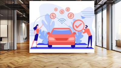 Business people paying in vehicle equiped with in-car payment system. In vehicle payments, in-car payment technology, modern retail services concept. Pinkish coral bluevector isolated illustration Wall mural