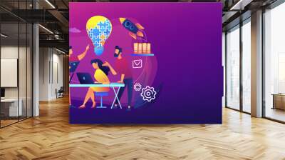 Business team brainstorm idea and lightbulb from jigsaw. Working team collaboration, enterprise cooperation, colleagues mutual assistance concept. Header or footer banner template with copy space. Wall mural