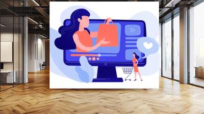 Business woman enjoys video with buyer on shopping sprees. Shopping sprees video, haul video content, beauty fashion lifestyle channel concept. Pinkish coral bluevector isolated illustration Wall mural