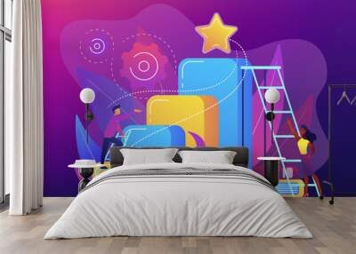 Businessman and woman climb ladder. Business and career ambition, career aspirations and plans, personal growth concept on ultraviolet background. Bright vibrant violet vector isolated illustration Wall mural