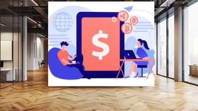 Businessman and woman transfer money with gadgets. Digital currency, cryptocurrency market, e-money transfer and digital money turnover concept. Living coral blue vector isolated illustration Wall mural