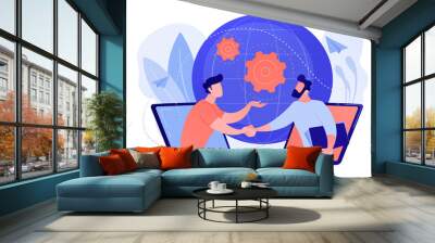 Businessmen shaking hands through laptop screens as online business, conference, meeting, network, deal, negotiations, agreement concept, pinkish coral blue palette. Vector illustration on white Wall mural