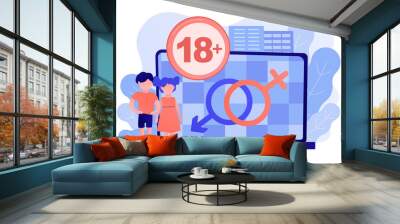 Children at laptop with adult content restriction for inappropriate video. Adult content, sexual content notification, 18 age restriction concept. Pinkish coral bluevector isolated illustration Wall mural