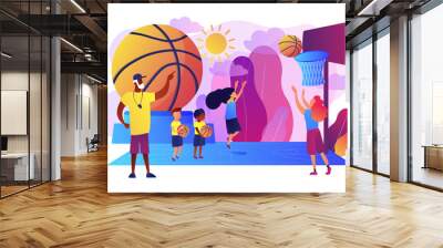 Coach teaching and kids practicing basketball in summer camp, tiny people. Basketball camp, academy, achieve basketball goals concept. Bright vibrant violet vector isolated illustration Wall mural