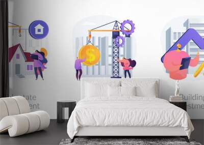 Construction project management abstract concept vector illustration set. Real estate development, construction costs, building investment, buy land, bank loan, financial plan abstract metaphor. Wall mural