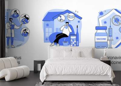 Covid19 pandemic abstract concept vector illustration set. Coronavirus symptoms, treatment and vaccine, intensive therapy, wearing a mask, lung ventilation, fever and cough abstract metaphor. Wall mural