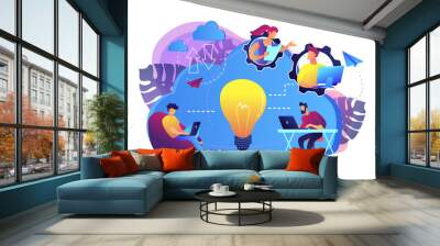 Coworking team of users connected by cloud computing and light bulb. Online collaboration, remote business management, wireless computing service concept, violet palette. Vector isolated illustration. Wall mural