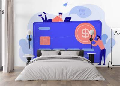 Credit card with dollar coin and users. E-commerce and online shopping, financial operations and plastic card, mobile payment and banking concept. Vector isolated illustration. Wall mural