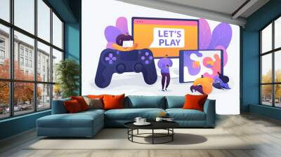 Cross-platform play, cross-play, cross-platform gaming on different video game hardware concept. Vector isolated concept illustration with tiny people and floral elements. Hero image for website. Wall mural