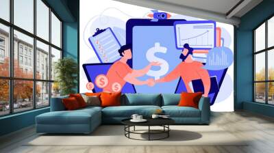 Demand analysts shaking hands from laptops screens and planning future demand. Demand planning, demand analytics, digital sales forecast concept. Pink coral blue vector isolated illustration Wall mural