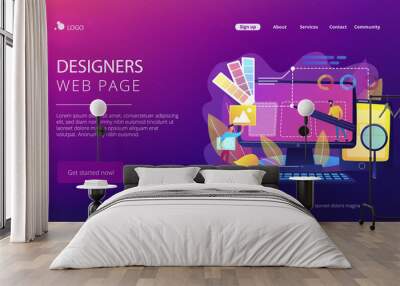 Designers are working on the desing of web page. Web design, User Interface UI and User Experience UX content organization. Web design development concept. Website landing web page template. Wall mural