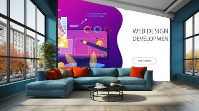 Designers are working on the desing of web page. Web design, User Interface UI and User Experience UX content organization. Web design development concept. Website landing web page template. Wall mural