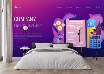 Financial analysts doing income statement with calculator and laptop. Income statement, company financial statement, balance sheet concept. Website vibrant violet landing web page template. Wall mural