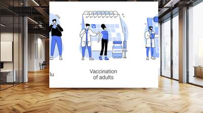 Influenza treatment abstract concept vector illustration set. Seasonal flu, vaccination of adults, family doctor, acute infection symptoms, immunization schedule, physician service abstract metaphor. Wall mural