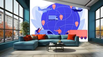 Internet store goods international shipment. Global transportation system, worldwide logistics and distribution, worldwide delivery service concept. Pinkish coral bluevector isolated illustration Wall mural