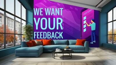 Isometric big data analysis and feedback concept. A man in front of mobile screen with 3d visual data analysis elements and title we want your feedback in violet color. Vector ultraviolet background. Wall mural