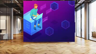 Isometric blockchain technology development concept. Blockchain developer sitting on mining block and coding the smart contract application. Vector 3D isometric illustration on ultraviolet background. Wall mural