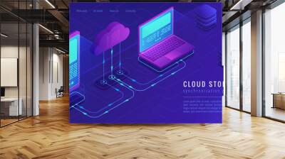 Isometric cloud storage landing page concept. Upload - download synchronization to cloud computing data storage with laptop and smartphone on ultra violet background. Vector 3d isometric illustration. Wall mural