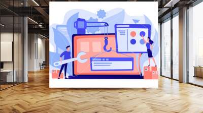 It professionals are creating web site on the laptop screen. Website development or web application, coding, designing for web browsers concept. Pinkish coral blue palette. Vector illustration on Wall mural