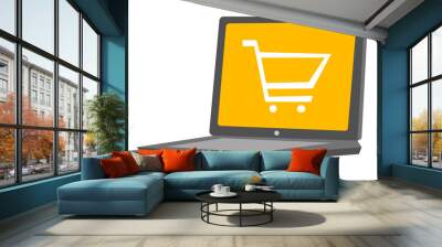 Laptop with a shopping cart on a screen. Online virtual shopping concept. vector cartoon illustration isolated on white background. Wall mural