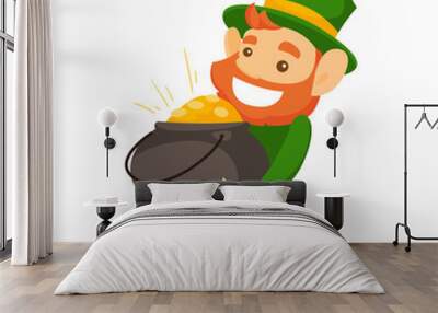 Leprechaun with red beard wearing green costume and hat and holding pot of gold coins. Saint Patrick Day and fairytale concept. Vector cartoon illustration isolated on white background. Square layout. Wall mural