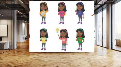 Little african-american girl set. Girl showing victory gesture, ok sign, crying, pointing finger at lightbulb, giving thumb up, crying. Set of vector cartoon illustrations isolated on white background Wall mural