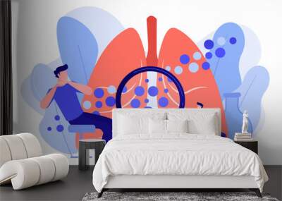 Male patient with anaphylactic symptoms and doctor with magnifier. Anaphylaxis, anaphylaxis shock treatment, allergic reaction help concept. Pinkish coral bluevector vector isolated illustration Wall mural