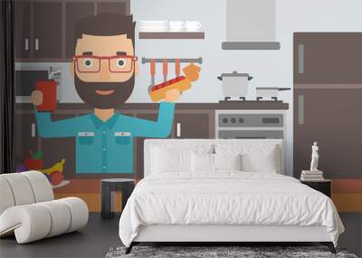 Man with fast food. Wall mural