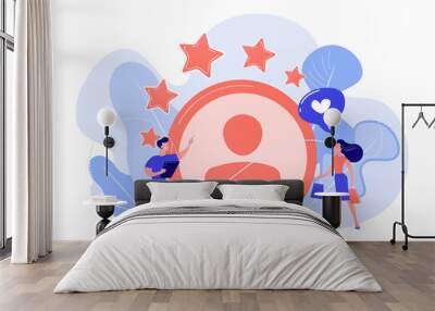 Marketer measuring customer satisfaction and rating stars. Satisfaction and loyalty analysis, customer retention increasing, marketing tools concept. Pink coral blue vector isolated illustration Wall mural