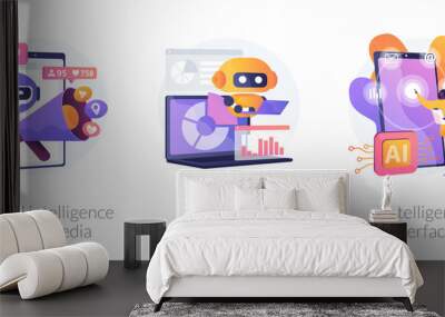 Mobile intelligent interface, automated SEO advertisement. Artificial intelligence in social media, AI-powered marketing tools, metaphors. Vector isolated concept metaphor illustrations. Wall mural