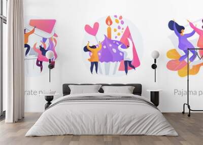 Office celebration, anniversary congratulations, girlfriends sleepover icons set. Corporate party, birthday party, pajama party metaphors. Vector isolated concept metaphor illustrations Wall mural