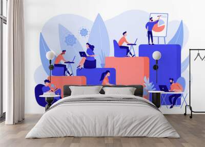 Office interior. People working in creative workspace on open space. Modern workplace, employee happiness, how to boost productivity concept. Living coral blue vector isolated illustration Wall mural