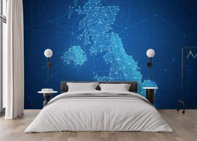 Polygon United kingdom map with blockchain technology peer to peer network on futuristic hud background. Network, e-commerce, bitcoin trade and cryptocurrency blockchain business banner concept. Wall mural