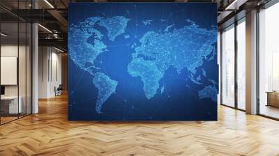 Polygon world map with blockchain technology peer to peer network on blue background. Network, p2p business, e-commerce, bitcoin trading and global cryptocurrency blockchain business banner concept. Wall mural