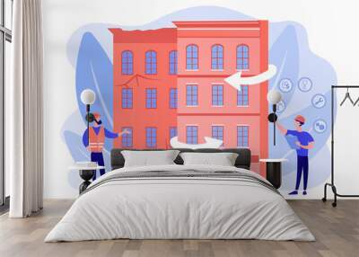 Residential house reconstruction, city renovation. Old buildings modernization, building up service, construction modernization solutions concept. Pinkish coral bluevector isolated illustration Wall mural