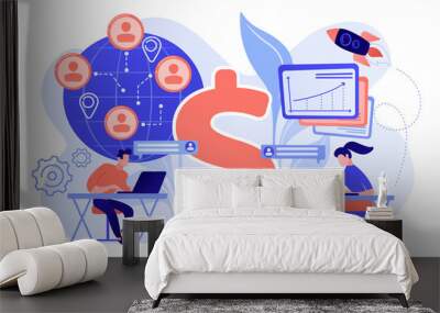 Salespeople team working remotely with customers all over the world and dollar sign. Virtual sales, remote sales method, virtual sales team concept. Pink coral blue vector isolated illustration Wall mural