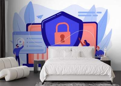 Security analysts protect internet-connected systems with shield. Cyber security, data protection, cyberattacks concept on white background. Pinkish coral bluevector isolated illustration Wall mural