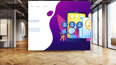 Specialists manage mobile expenses. Mobile expense management, expense management system, mobile device management and mobile network concept. Website vibrant violet landing web page template. Wall mural